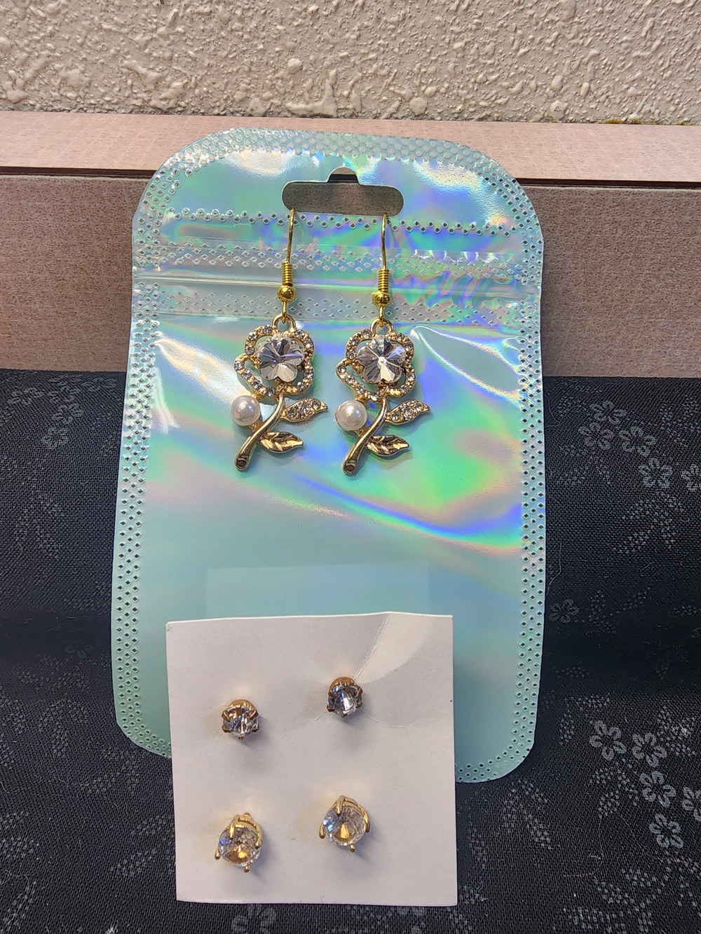 Gold Floral Drop Earrings with Pearl& Crystal Accent With 2 Pair Crystal Studs